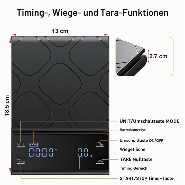 Digitale Kaffeewaage mit Timer 0,1g/5kg Hochpräzise Küchenwaage mit LED-Anzeige Tara Funktion und To