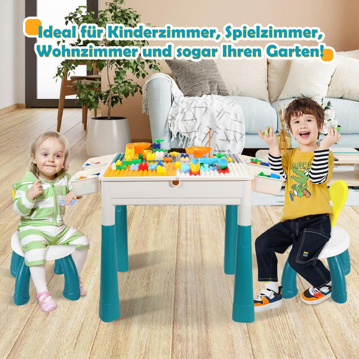 Kindertisch mit 2 stühlen mit Stauraum & 251 Bausteinen,Kinder Tisch Stuhl Set, 4-in-1 Multifunktion