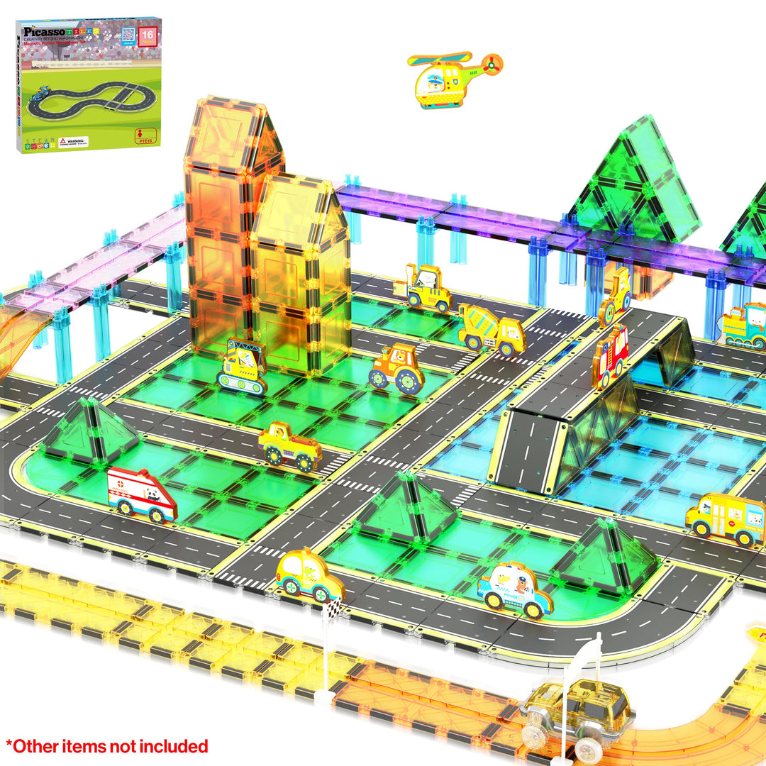 PicassoTiles Magnetfliese, Autostrecke, Abenteuerthema, Bedruckt, Strasse, Landebahn, Rennstrecke, A