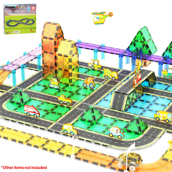 PicassoTiles Magnetfliese, Autostrecke, Abenteuerthema, Bedruckt, Strasse, Landebahn, Rennstrecke, A