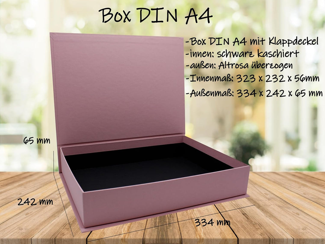 NEUSER PAPIER Geschenkbox mit Klappdeckel - 2 Stück - DIN A4 - Altrosa bezogen - innen schwarz kasch