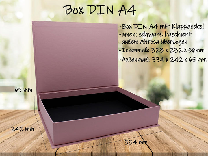 NEUSER PAPIER Geschenkbox mit Klappdeckel - 2 Stück - DIN A4 - Altrosa bezogen - innen schwarz kasch