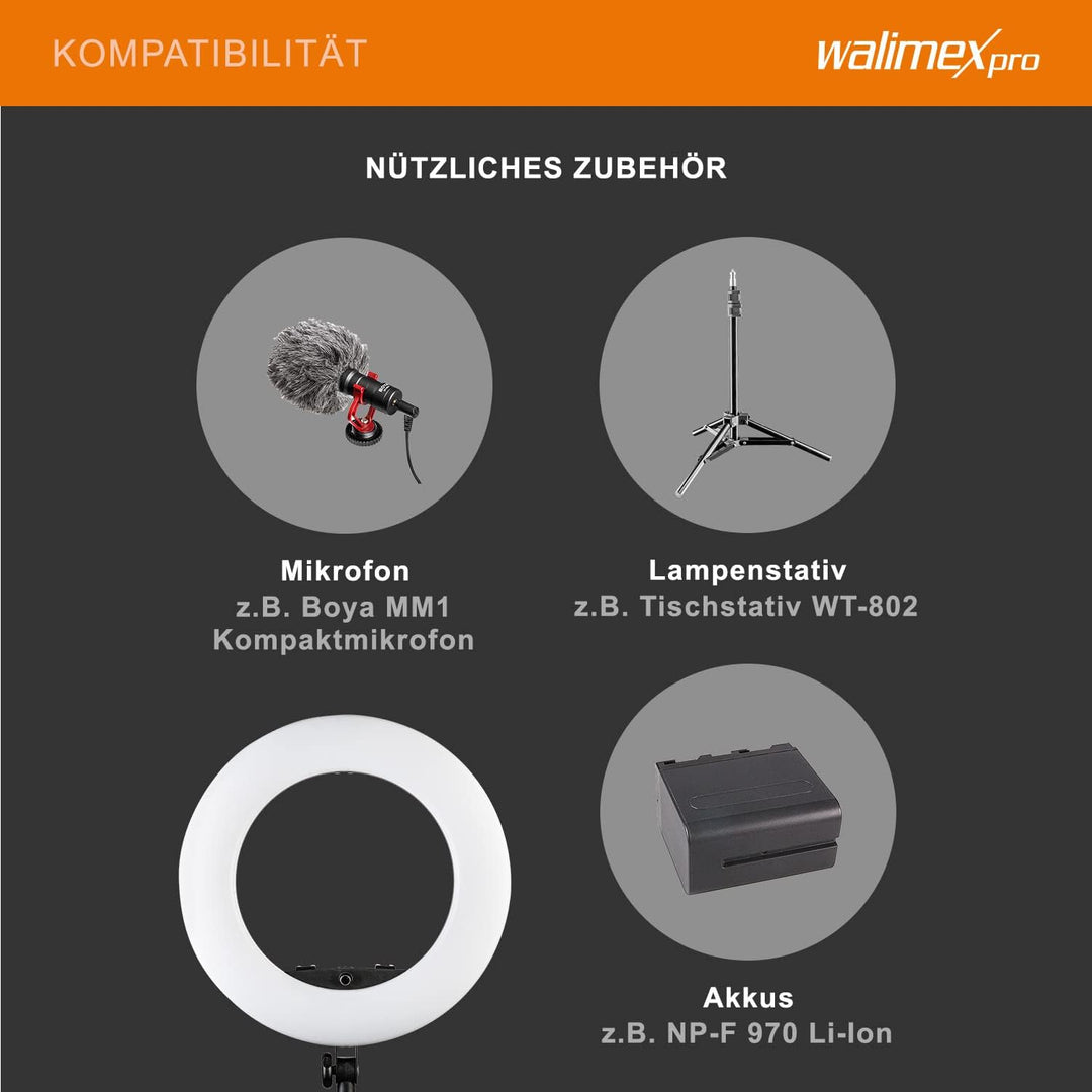 Walimex pro dimmbares LED Ringlicht mit Stativ & 2 Akkus und Ladegerät I Medow 960 Pro Bi Color I 96