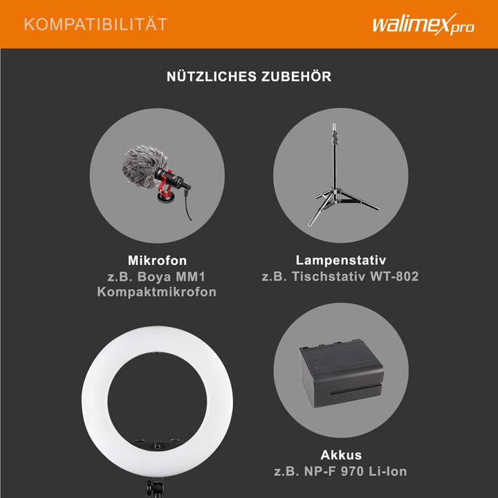 Walimex pro dimmbares LED Ringlicht mit Stativ & 2 Akkus und Ladegerät I Medow 960 Pro Bi Color I 96