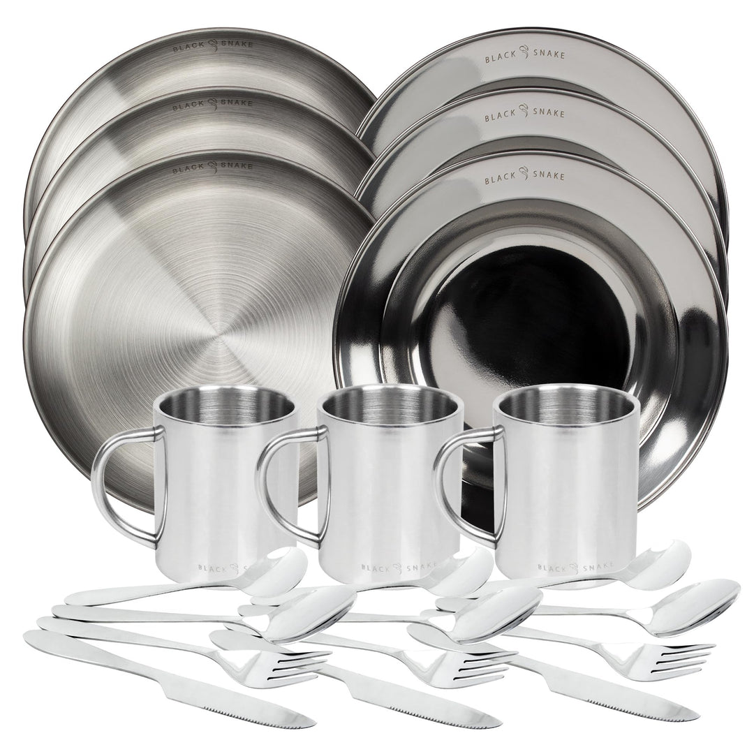 Black Snake® Camping Set - flacher & tiefer Edelstahl Teller mit Lunch-Besteck und Tasse - robustes