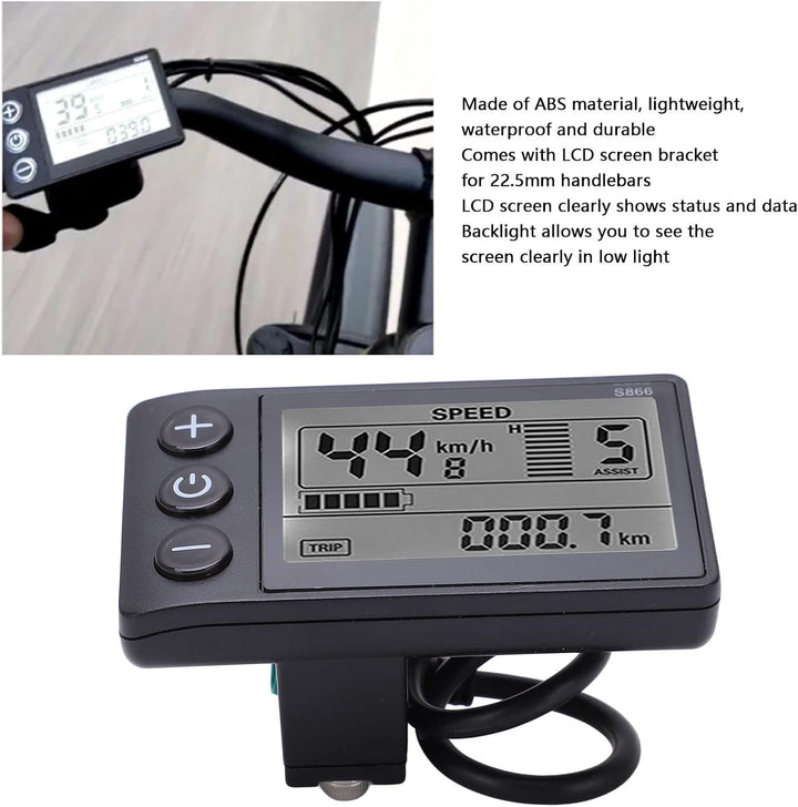 ASHATA Wasserdichter Bürstenloser LCD-Anzeigetafel-Controller, Elektrisches Fahrrad S866 LCD-Display