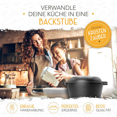 KRUSTENZAUBER Gusseisen Topf Brot Backen [inkl. Gärkorb] - Robuster 26cm gusseiserner Brottopf zum b