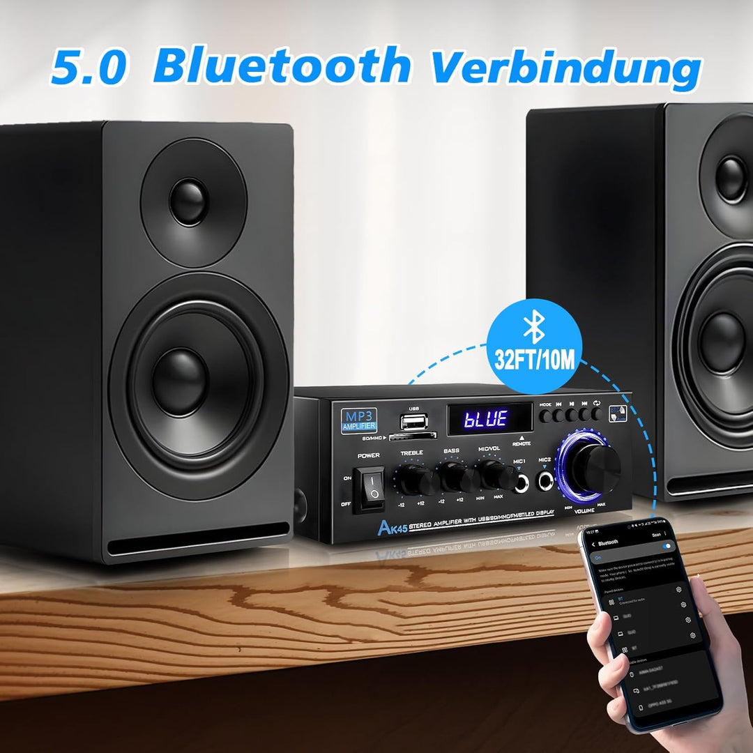 HiFi-Verstärker WOOPKER Mini Verstärker, 500W,2 Kanäle Bluetooth Verstärker HiFi Stereo w/UKW-Radio,