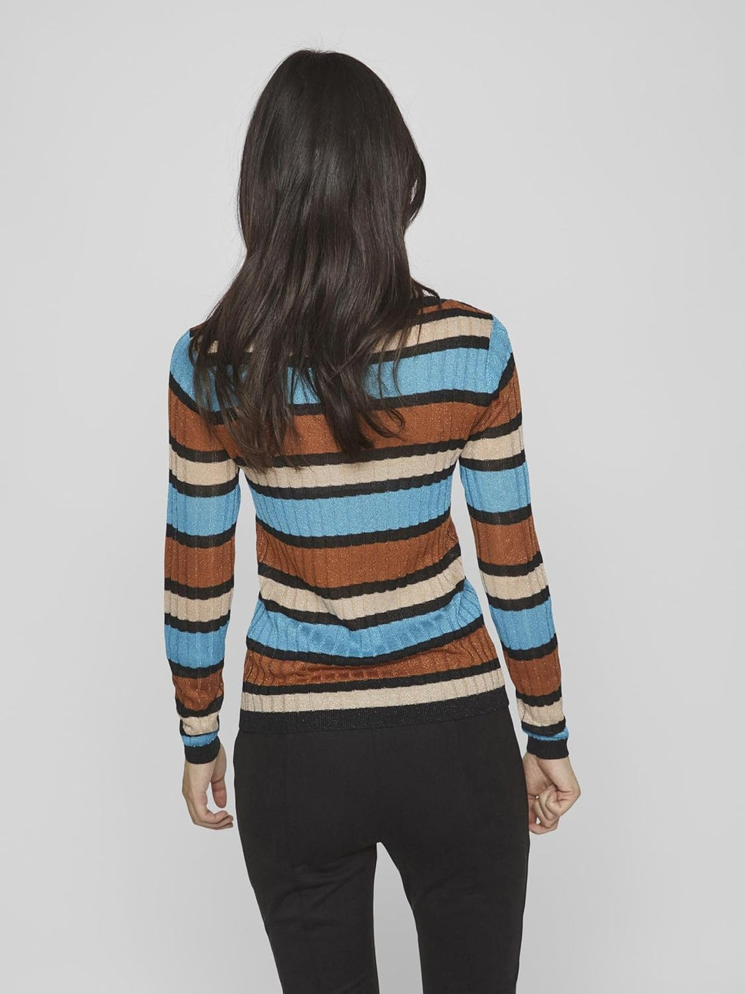 Vila Damen Viember New L/S Glitter Knit Top/Su Langarmshirt L Tahitian Teal/Stripes:doeskin/Caramel
