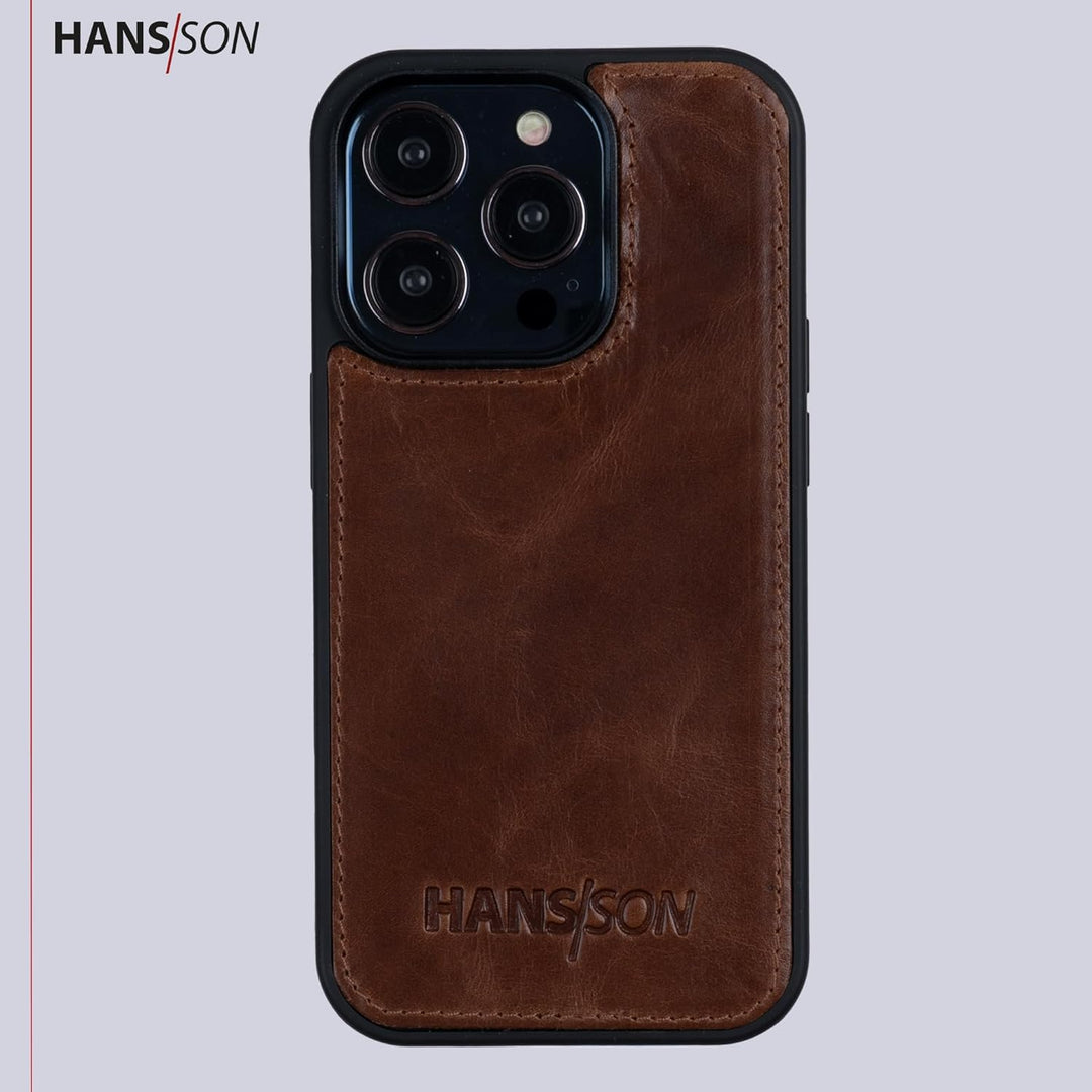 HANS/SON Klappbare Echtlederhülle in Cognac | iPhone 14 Pro Max Ledercase mit Kartenfächern | Lederh