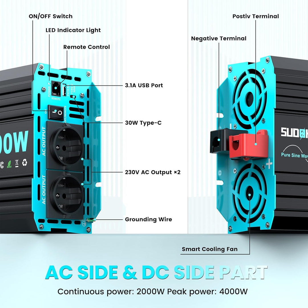 SUDOKEJI 2000W/4000W Wechselrichter Reiner Sinus Spannungswandler 12v auf 230v Power Inverter mit LC