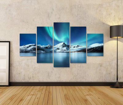 islandburner Bild auf Leinwand Aurora Borealis Lofoten Inseln Norwegen Nordlichter Berge Reflexion W