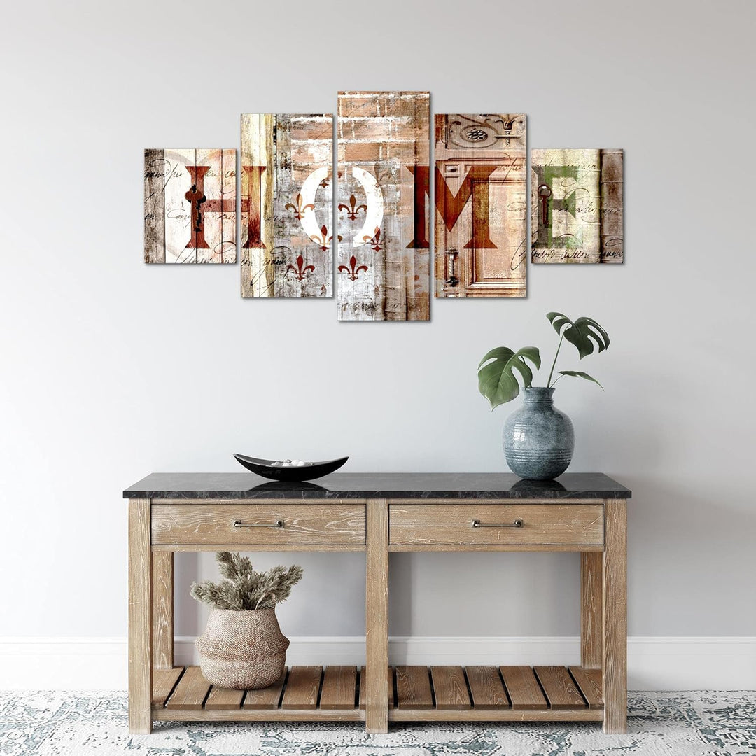 Runa Art Wandbilder Home 5 Teilig Bild auf Vlies Leinwand Deko Wohnzimmer Holzoptik Beige Braun 5028