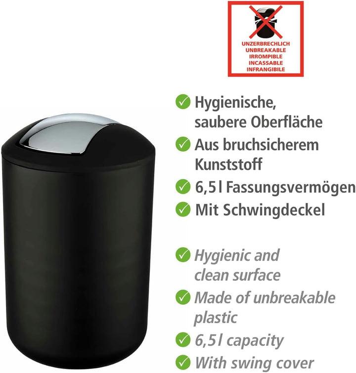 WENKO Kosmetikeimer Mod. Brasil L, 6,5 Liter Bad-Mülleimer mit Schwingdeckel, aus bruchsicherem Kuns