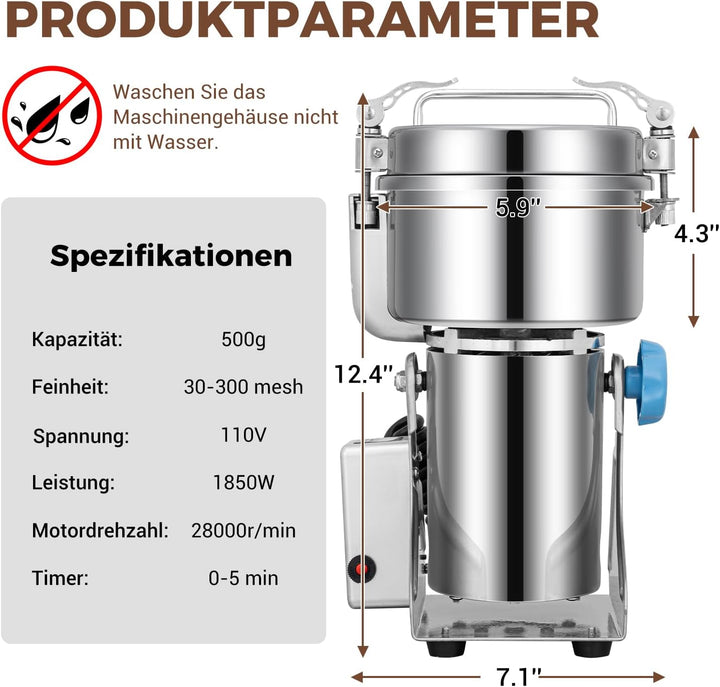Elektrische Getreidemühle Mühle, 500g Kommerzielle Gewürzmühle 1400W Edelstahl Pulverisator Trockenm