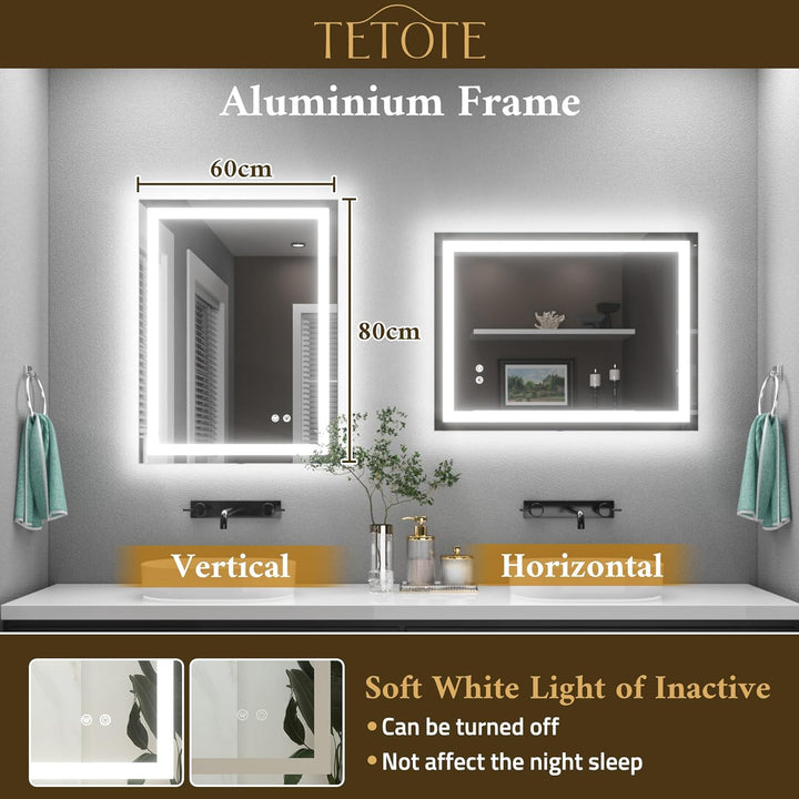 TETOTE Badspiegel mit Beleuchtung 60x80cm, Badezimmerspiegel Beleuchtet Beschlagfrei Badezimmer Wand