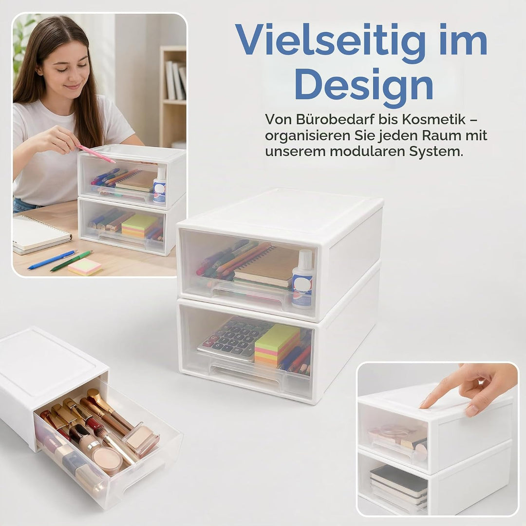 2 Stück 4,5L Schubladenbox Kunststoff Transparent-Weiss Aufbewahrungsbox mit Schubladen Stapelbare S