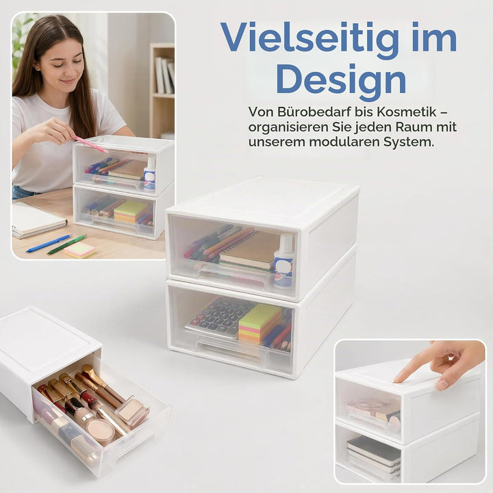 2 Stück 4,5L Schubladenbox Kunststoff Transparent-Weiss Aufbewahrungsbox mit Schubladen Stapelbare S