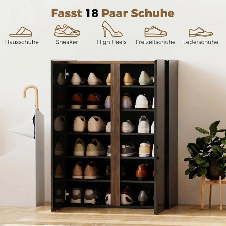 HOMCOM Schuhschrank mit 2 Hochglanz Türen 18 Paar 70x33,5x95 cm, Schwarz | Schuhregal, Schuhkommode,
