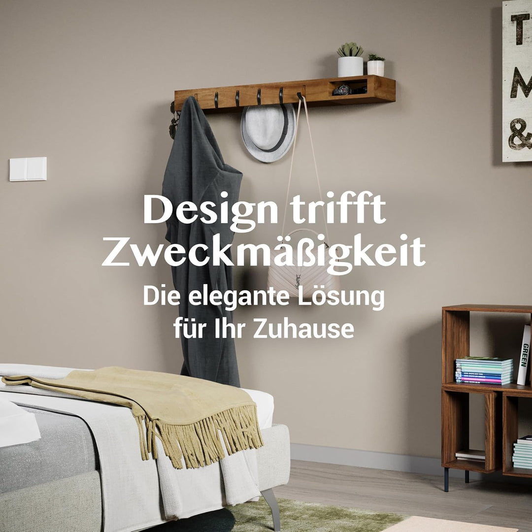 Wandgarderobe Holz – 4in1 Garderobe mit Ablage, Kleiderstangen, Kleiderhaken & Brillenhalter – 100cm