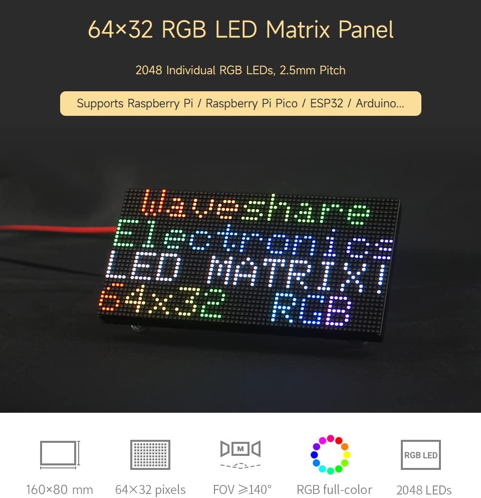 Waveshare RGB Full-Color LED Matrix Panel 2.5mm Pitch 64x32 Pixels Adjustable Brightness Compatible