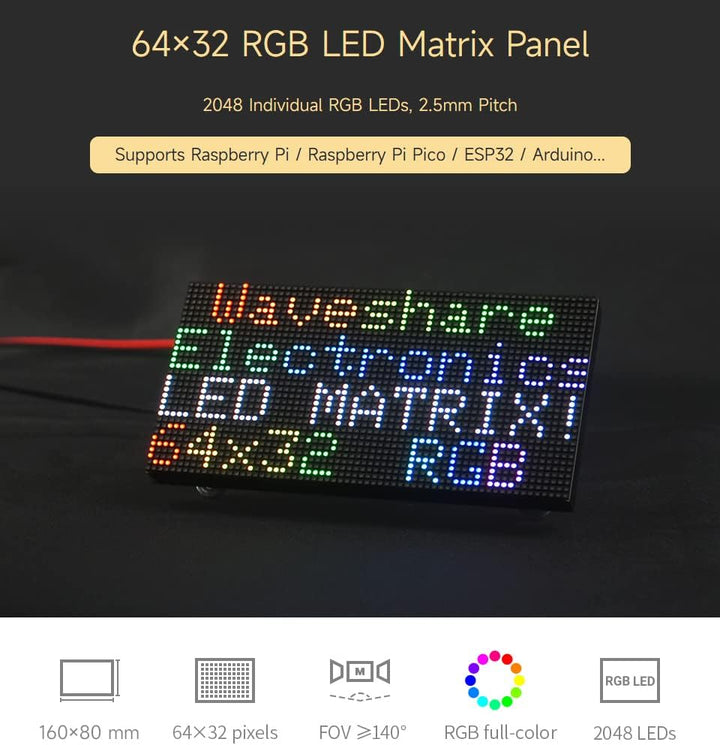 Waveshare RGB Full-Color LED Matrix Panel 2.5mm Pitch 64x32 Pixels Adjustable Brightness Compatible