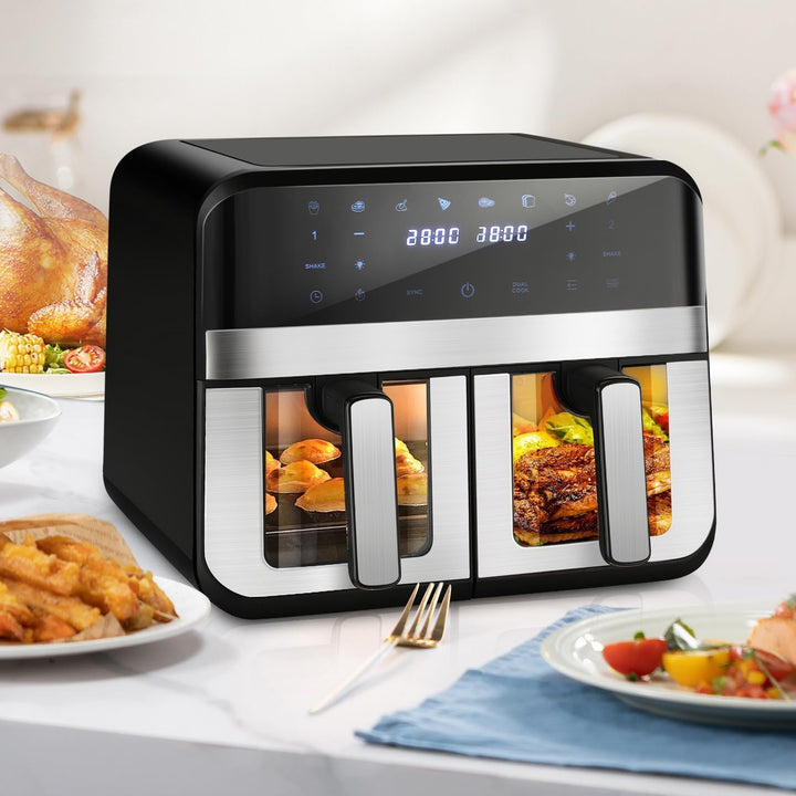 Dual Zone Heissluftfritteuse mit Sichtfenster, 9L XL Kapazität Doppel-Airfryer, 2 Schubladen, 8-in-1