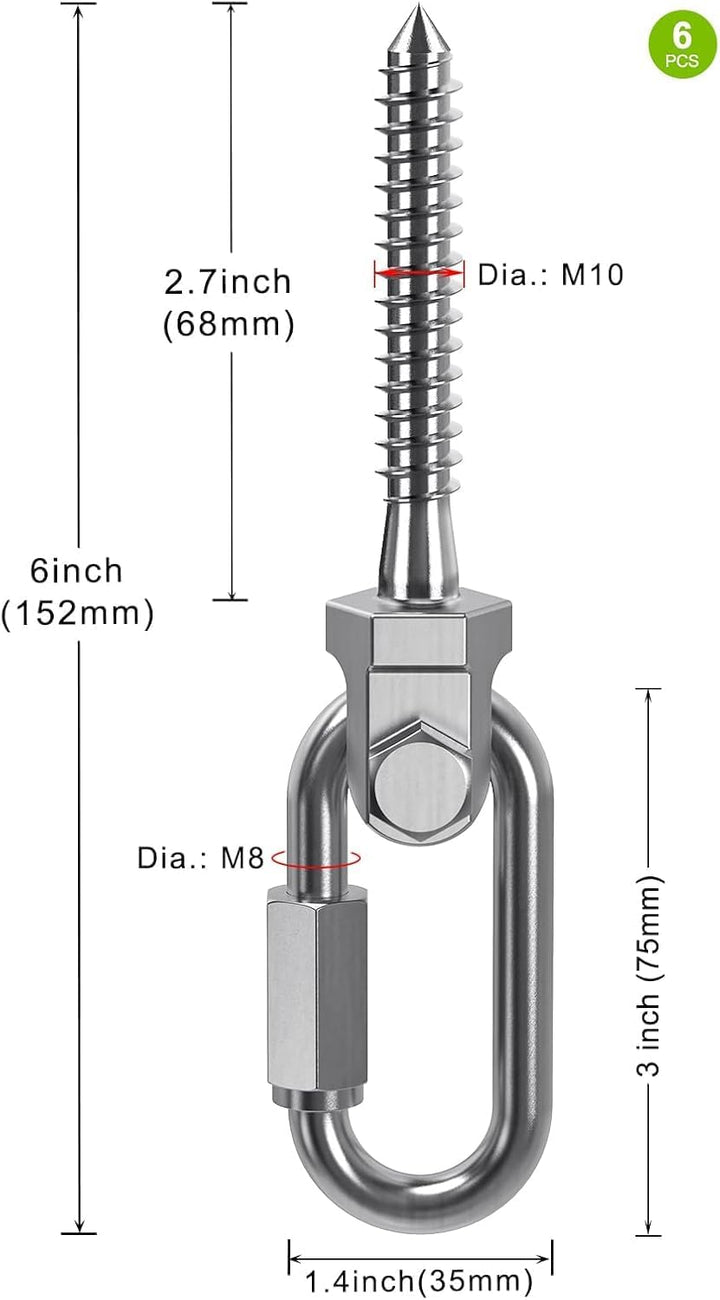 SELEWARE 6ER Deckenhaken Schwerlast Schaukelhaken Schaukel - 180° Drehhaken M10 Edelstahl Holzbalken
