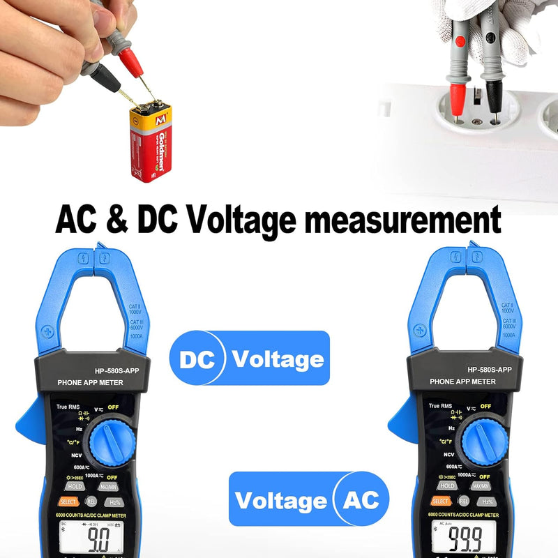 Bluetooth Strommesszange, AC DC Digital Clamp Meter 6000Count TRMS, NCV Voltmeter Amperemeter Ohmmet
