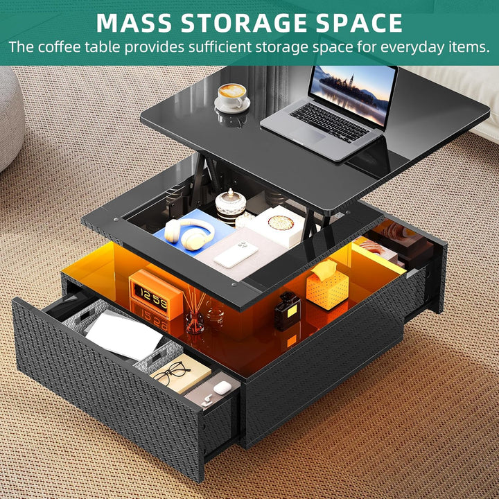 YITAHOME Couchtisch Höhenverstellbar mit LED Beleuchtung Modern, 60x60x45cm, Wohnzimmertisch Hochgla