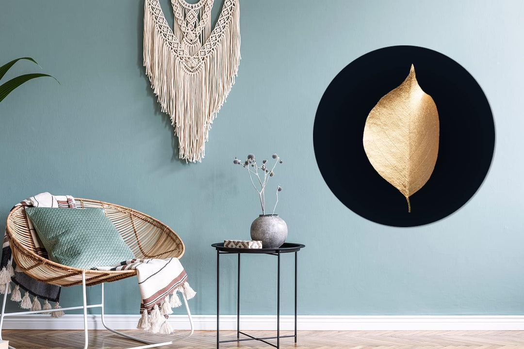 MuchoWow Wandbild Rund Wanddeko Deko Wohnzimmer Bilder 90x90 cm Blätter - Gold - Schwarz - Pflanzen