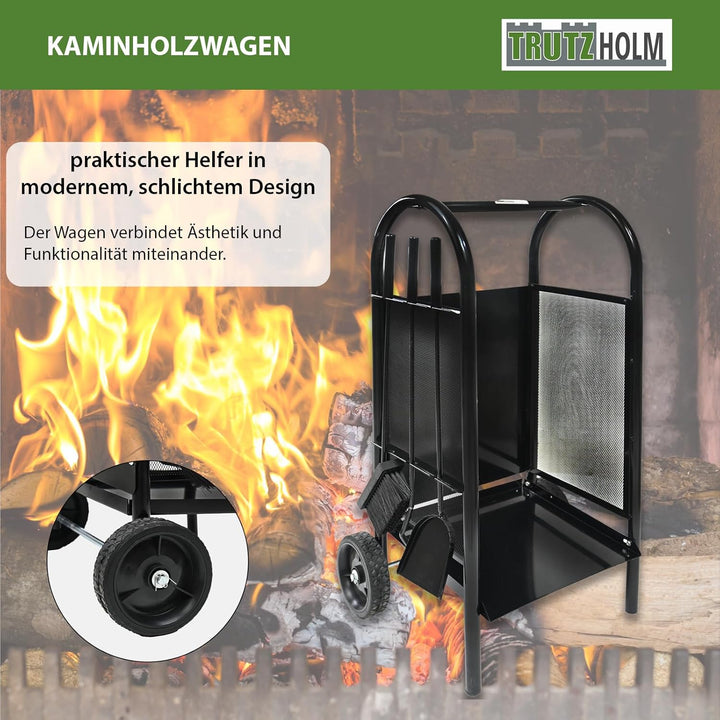 TRUTZHOLM Kaminholzwagen mit Kaminbesteck 3 tlg. Schaufel, Besen, Schürhaken 83x42x36 cm, schwarz Ka
