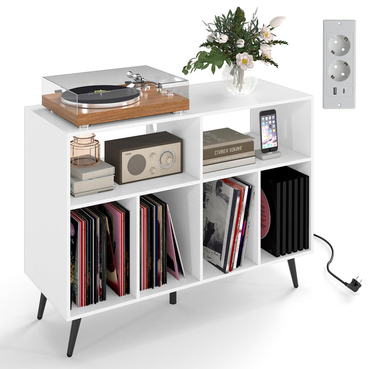 COSTWAY Plattenspielerständer mit Ladestation, Plattenspielerschank mit Vinyl-Aufbewahrungsregalen,