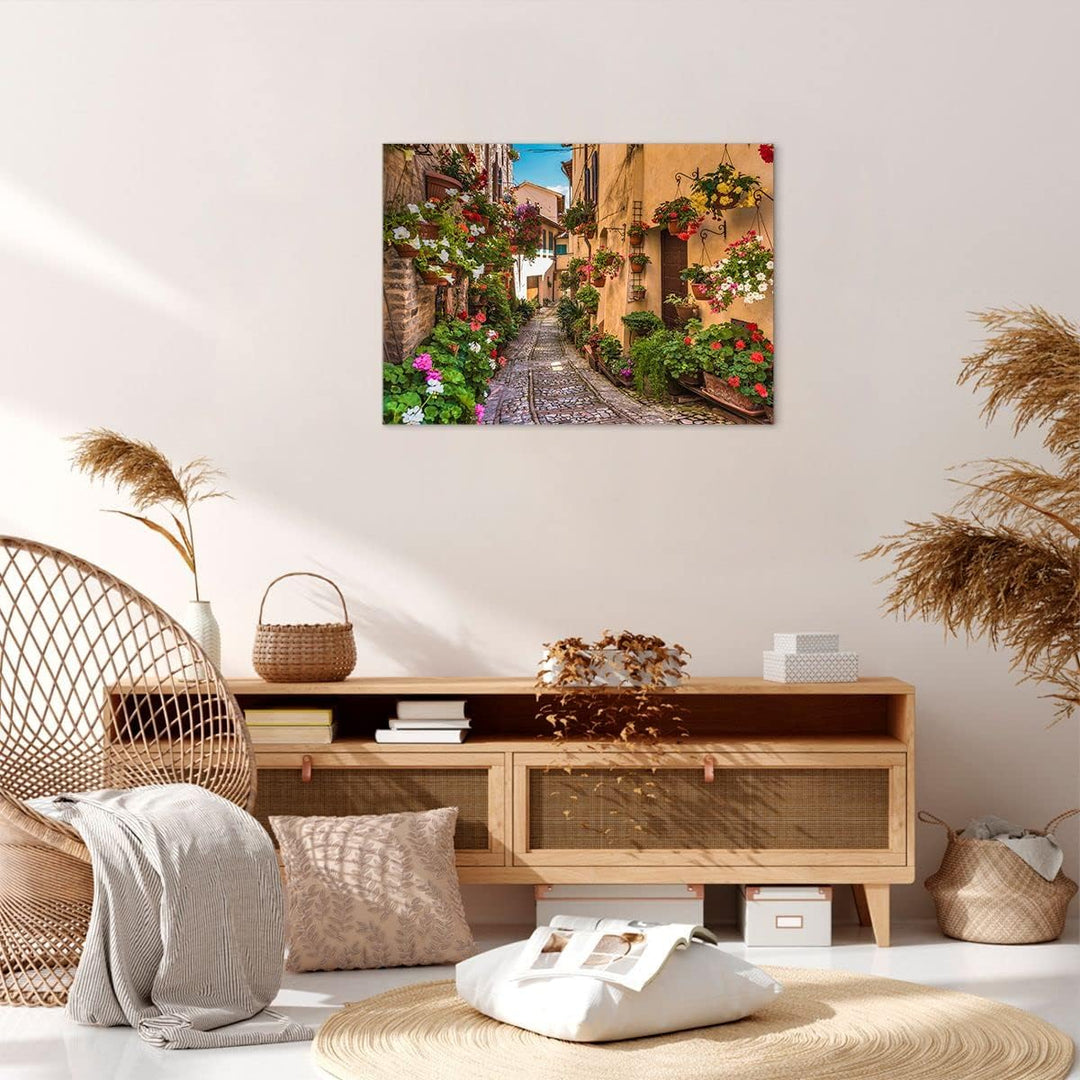 Bilder auf Leinwand Path Blumen Haus Hof Leinwandbild mit Rahmen 70x50cm Wandbilder Dekoration Wohnz