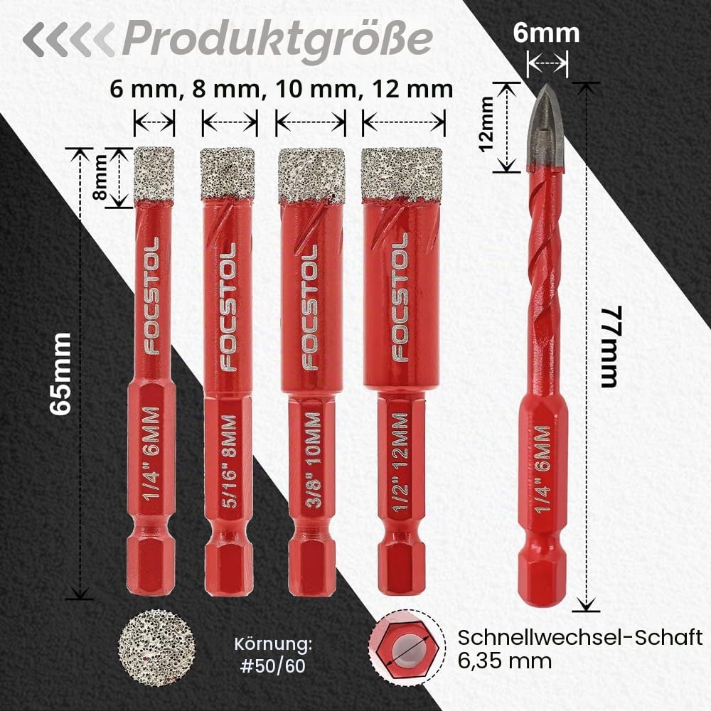 FOCSTOL Diamant Fliesenbohrer 6/8/10/12mm mit Schnellwechsel-Sechskantschaft und 6mm Hartmetallbohre