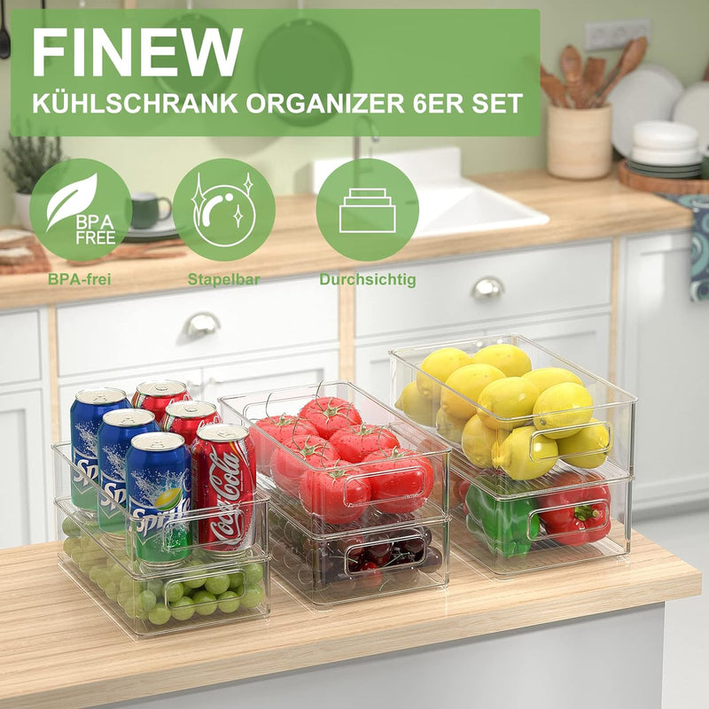 FINEW Kühlschrank Organizer 6er Set (3 Grössen), Stapelbare Speisekammer Vorratsbehälter, Durchsicht