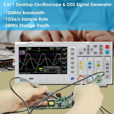 1014D Digitales Oszilloskop 2 Kanäle, 7" Oscilloscope 100Mhz Bandbreite mit DDS Signalgenerator, 1GS