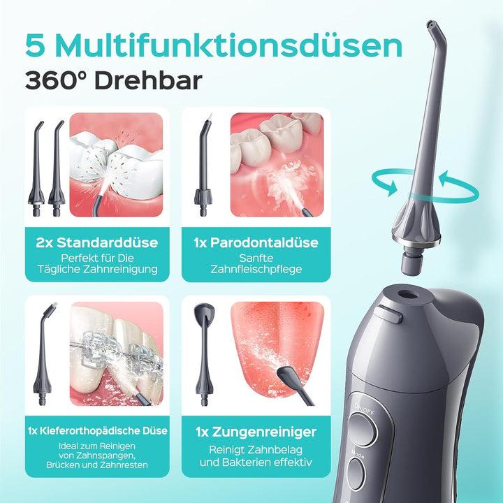 COSLUS Munddusche Kabellos Tragbar Elektrische Zahnreiniger, 300ML Wassertank Wiederaufladbar Zahndu