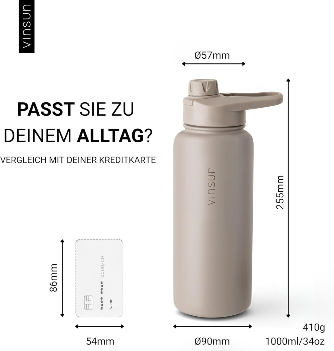 Vinsun Trinkflasche Edelstahl taupe 1L - auslaufsicher, Kohlensäure geeignet, BPA frei - Strohhalm,
