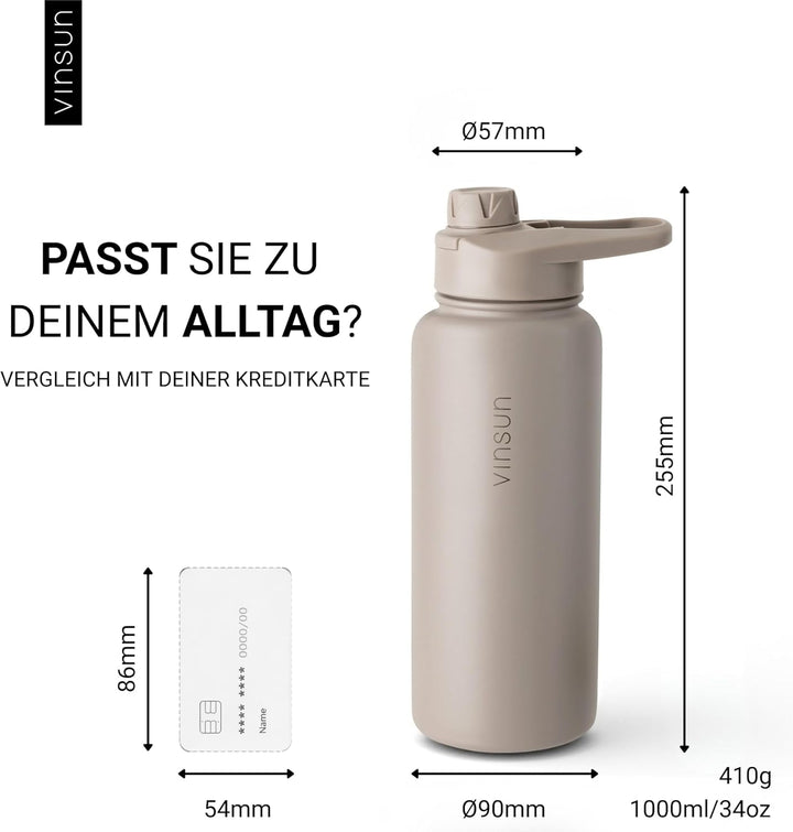 Vinsun Trinkflasche Edelstahl taupe 1L - auslaufsicher, Kohlensäure geeignet, BPA frei - Strohhalm,