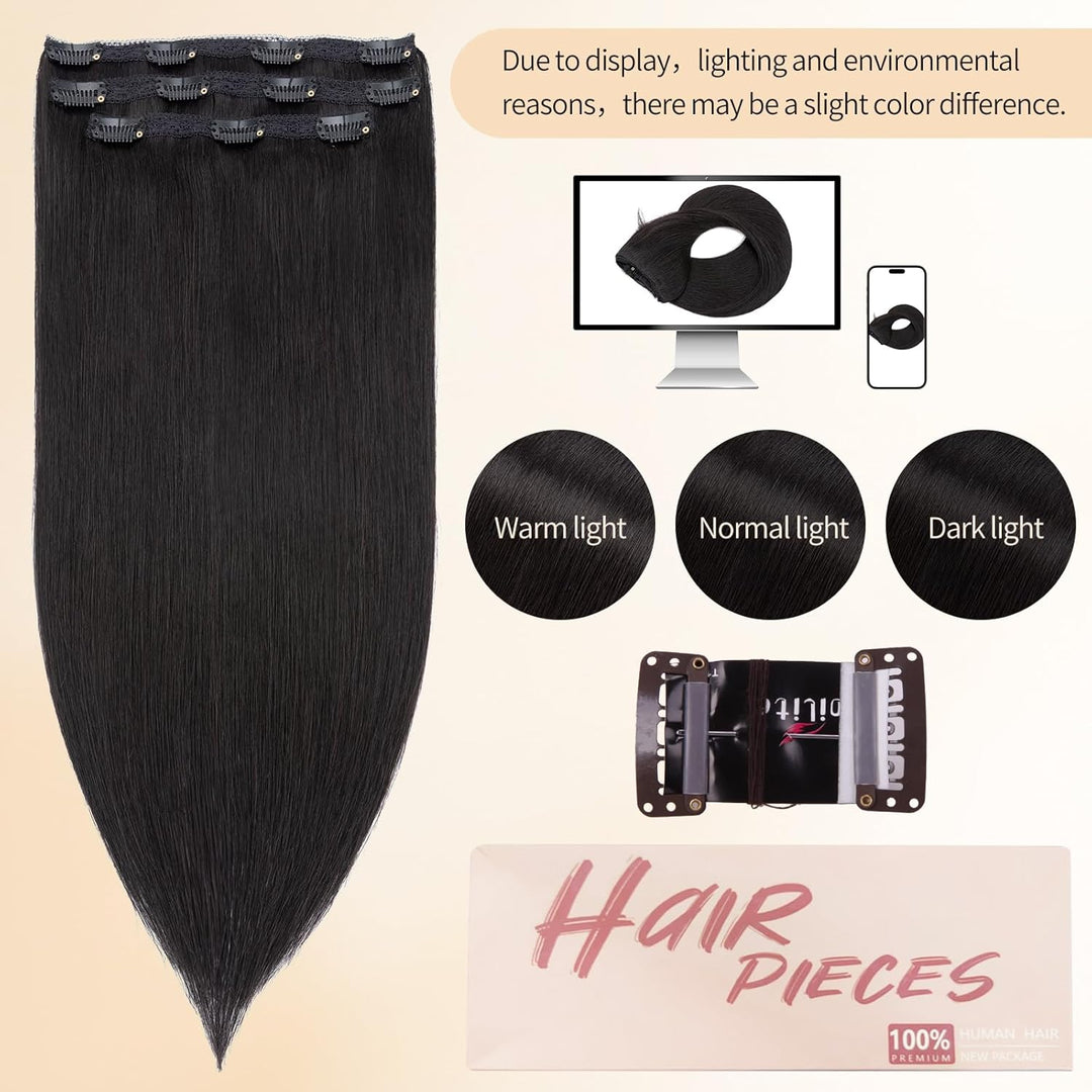S-noilite Clip in Extensions Echthaar Natürliches Schwarz 25cm 56g Extensions Clip in Echthaar Haarv