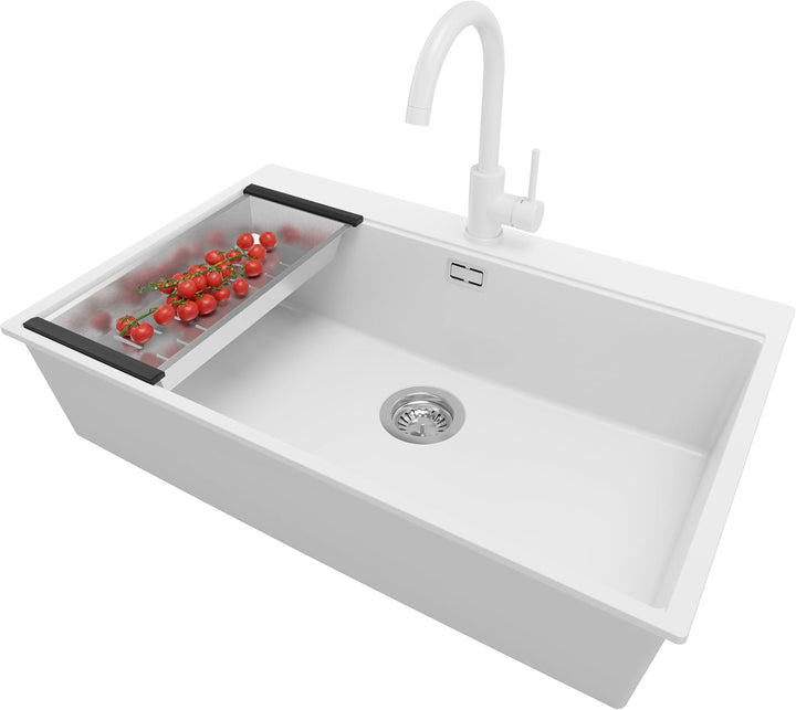 PRIMAGRAN Granitspüle Weiss 78x50cm, Spülbecken 1 Becken + Ablauf-Set + Küchenarmatur 32x20cm, Küche