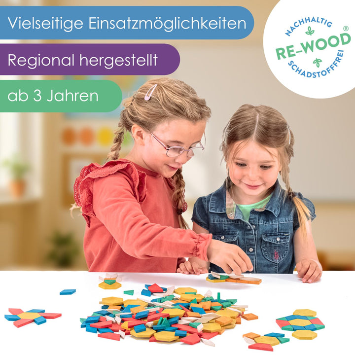 WISSNER Montessori Pattern Blocks Geometrie Formen 250 Teile - Pädagogisches RE-Wood Tangram Kinder-