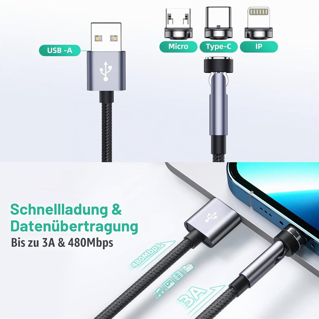 Magnetisches Ladekabel mit-Drehung, 3er-Pack [3ft/6ft/10ft], 3-in-1-Magnetladekabel, 3A-Schnellladek