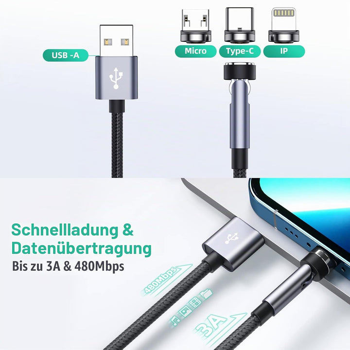 Magnetisches Ladekabel mit-Drehung, 3er-Pack [3ft/6ft/10ft], 3-in-1-Magnetladekabel, 3A-Schnellladek