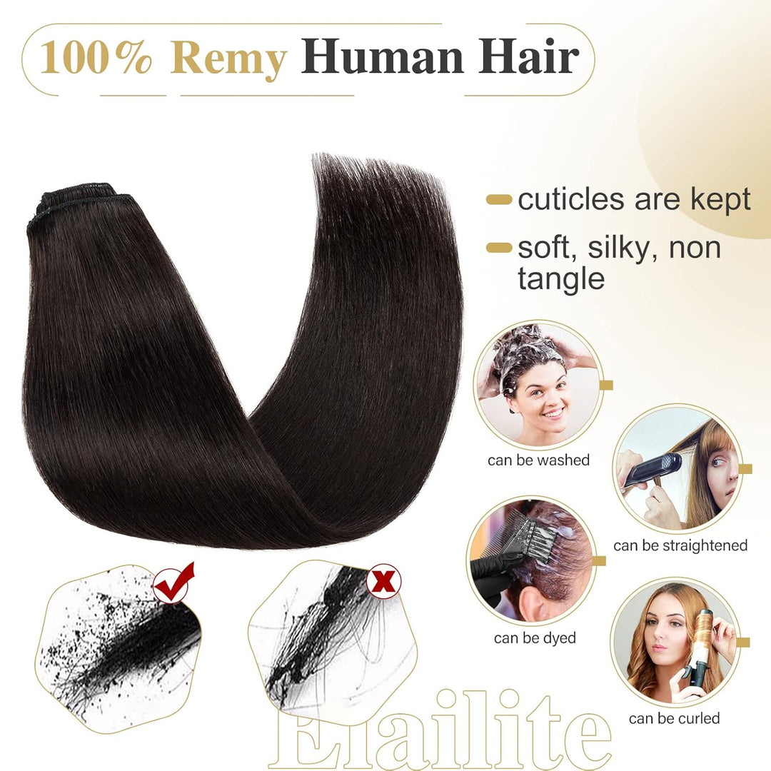 Elailite Extensions Echthaar Clip in 8 Tressen Glatt #1B Naturschwarz Haarverlängerung Real Human Ha