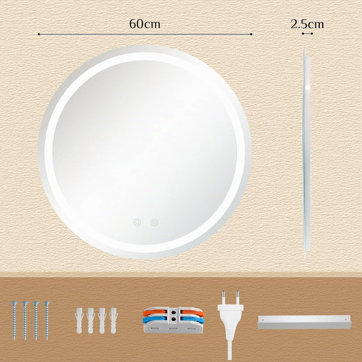 Clevich Badspiegel mit Beleuchtung Rund 60 cm, LED Spiegel mit 3 Lichtfarben Dimmbar, Gehärtetes Gla