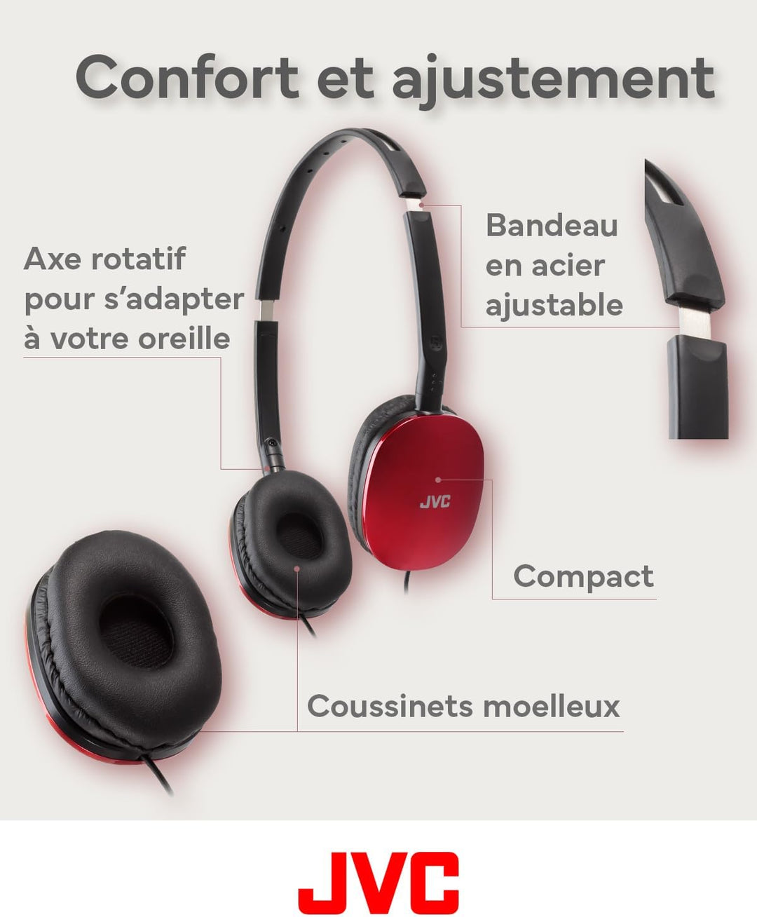 JVC HA-S160M-R - Flats Faltbarer und kompakter Kopfhörer in Glossy Trendfarbe, mit Schalter für Mikr