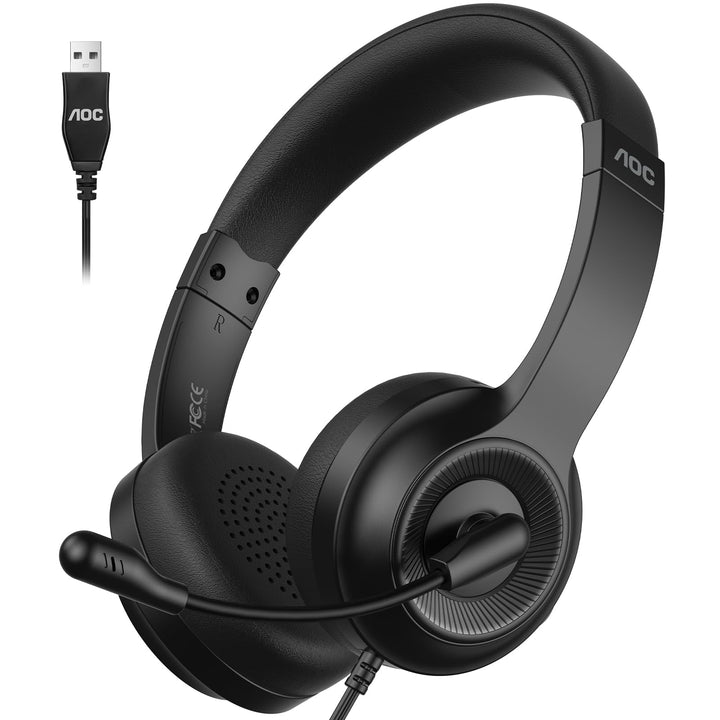 AOC Headset mit Mikrofon, Kabelgebundene On-Ear PC-Headsets mit Geräuschunterdrückung, 40mm Treiber,