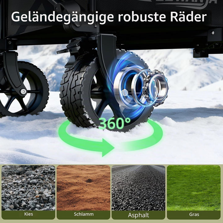 LEWANJA 250L Bollerwagen Faltbar, Robuster Handwagen mit 200kg Tragkraft, Breite Räder mit Bremse &amp;